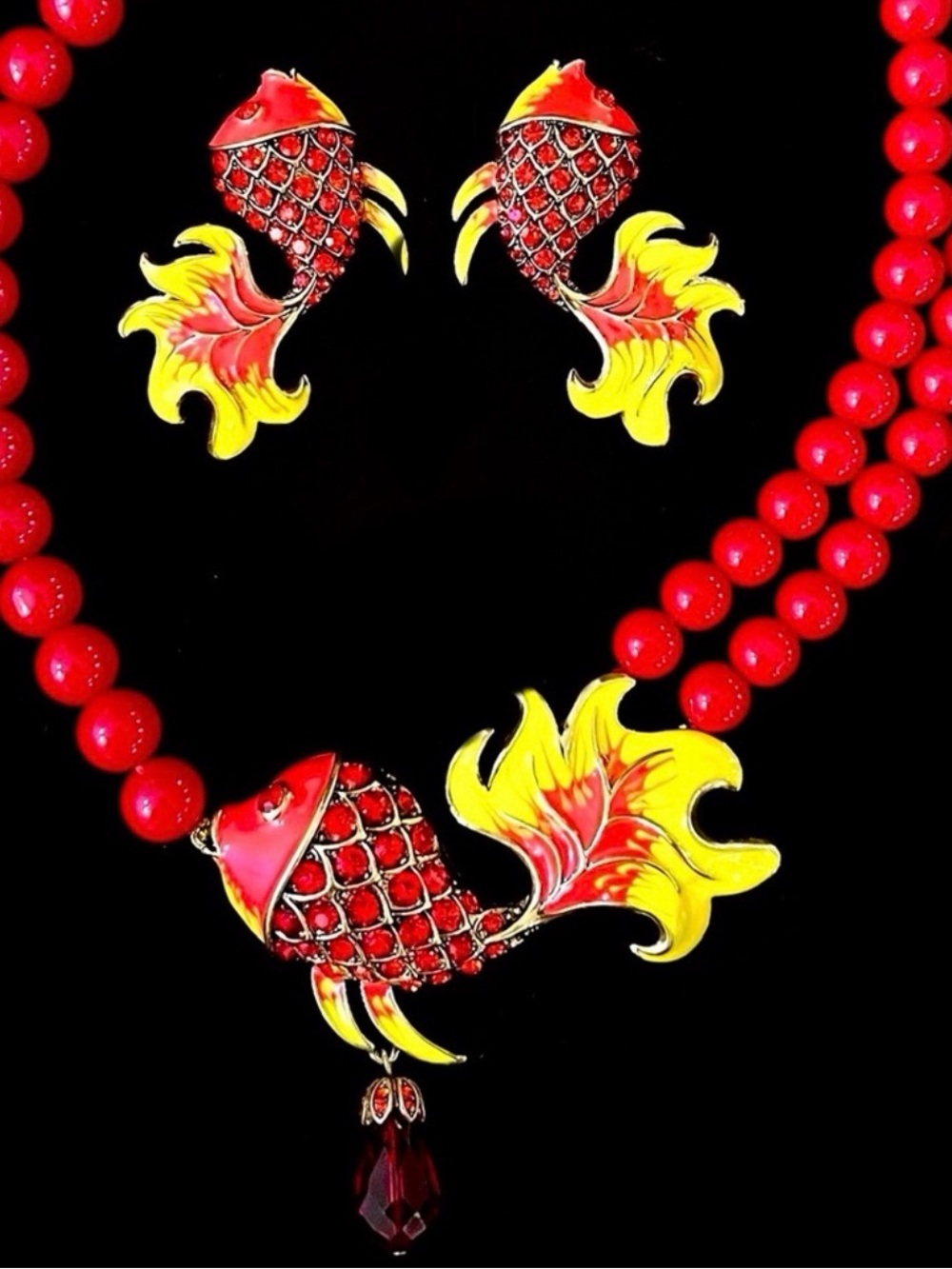 Heidi Daus Red and Yellow Koi Fish Necklace and Earring Set